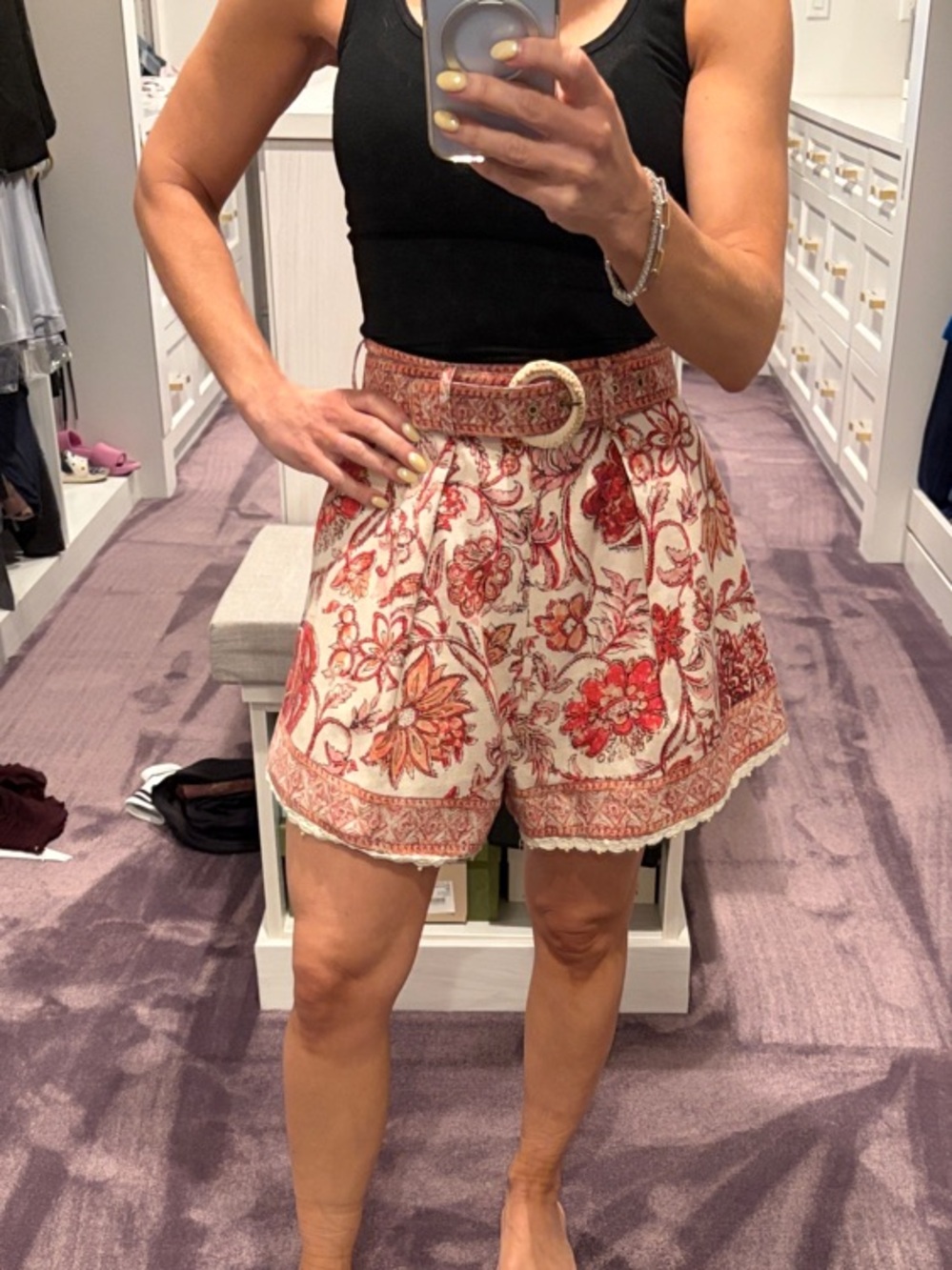 Zimmermann Cream Floral Belted High-Waist Shorts with Red Accents